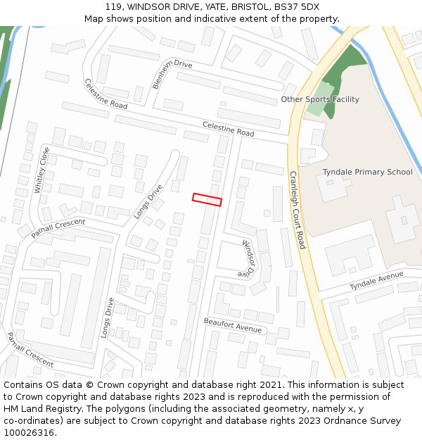 119, WINDSOR DRIVE, YATE, BRISTOL, BS37 5DX: Location map and indicative extent of plot