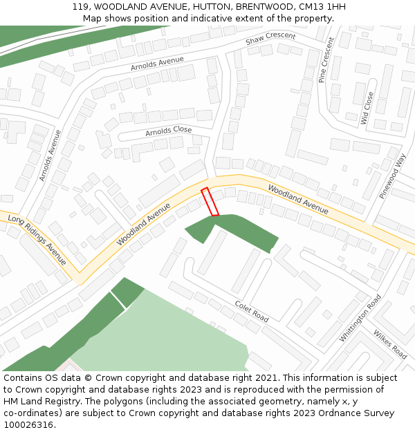 119, WOODLAND AVENUE, HUTTON, BRENTWOOD, CM13 1HH: Location map and indicative extent of plot