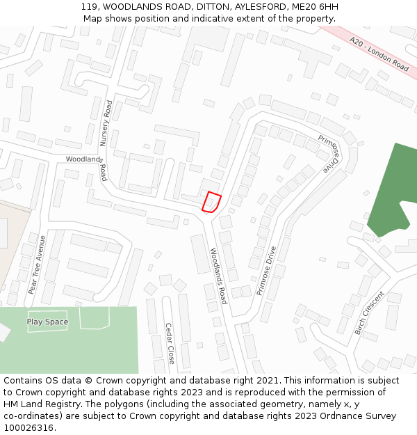 119, WOODLANDS ROAD, DITTON, AYLESFORD, ME20 6HH: Location map and indicative extent of plot