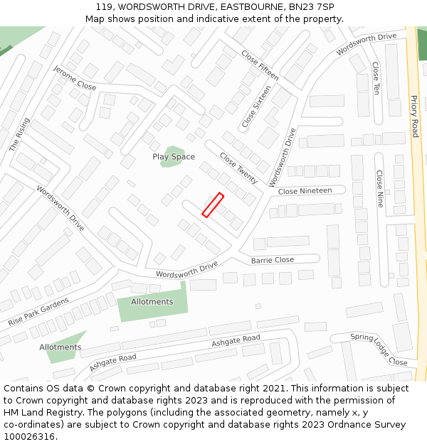 119, WORDSWORTH DRIVE, EASTBOURNE, BN23 7SP: Location map and indicative extent of plot