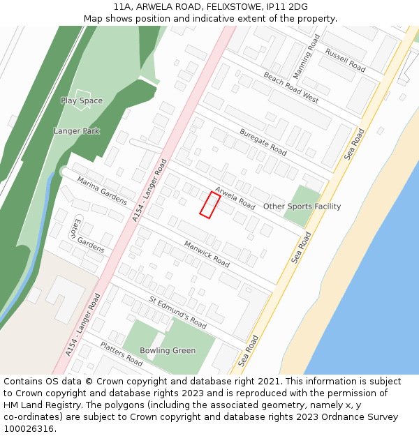 11A, ARWELA ROAD, FELIXSTOWE, IP11 2DG: Location map and indicative extent of plot
