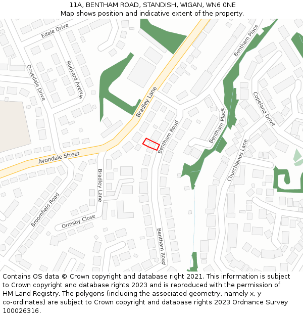 11A, BENTHAM ROAD, STANDISH, WIGAN, WN6 0NE: Location map and indicative extent of plot