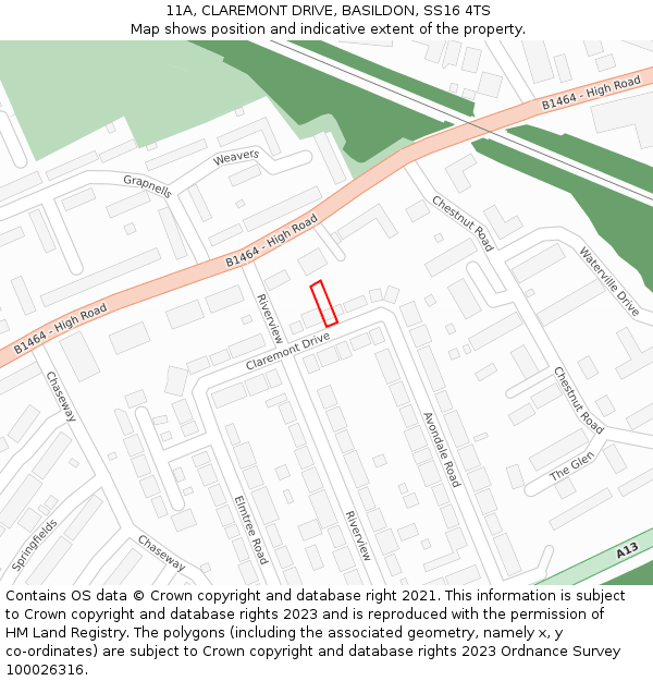 11A, CLAREMONT DRIVE, BASILDON, SS16 4TS: Location map and indicative extent of plot