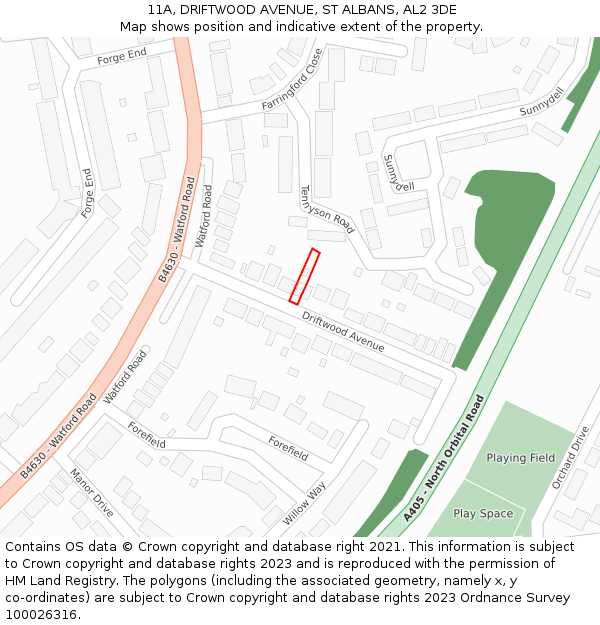 11A, DRIFTWOOD AVENUE, ST ALBANS, AL2 3DE: Location map and indicative extent of plot
