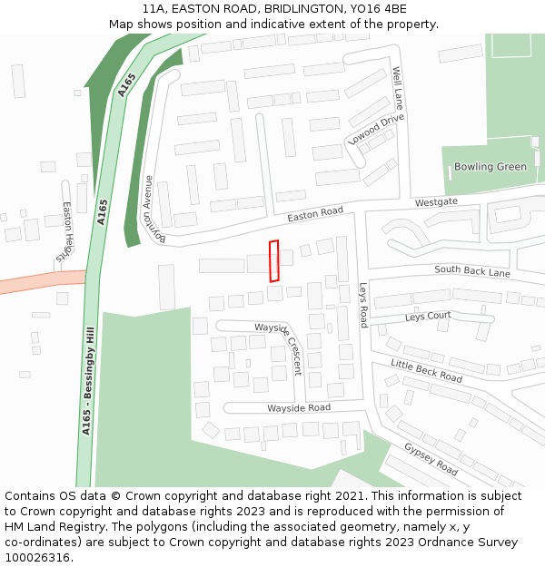 11A, EASTON ROAD, BRIDLINGTON, YO16 4BE: Location map and indicative extent of plot