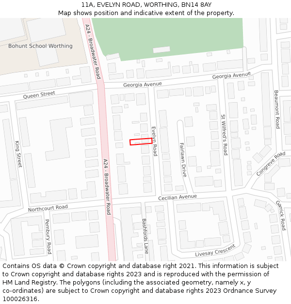 11A, EVELYN ROAD, WORTHING, BN14 8AY: Location map and indicative extent of plot
