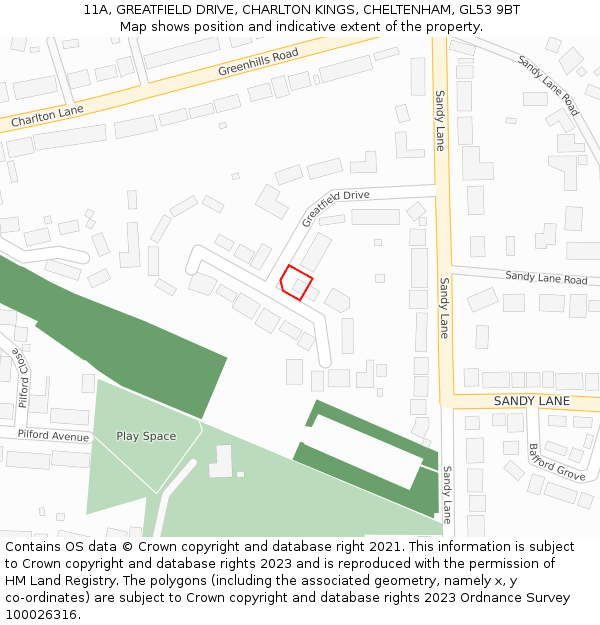 11A, GREATFIELD DRIVE, CHARLTON KINGS, CHELTENHAM, GL53 9BT: Location map and indicative extent of plot