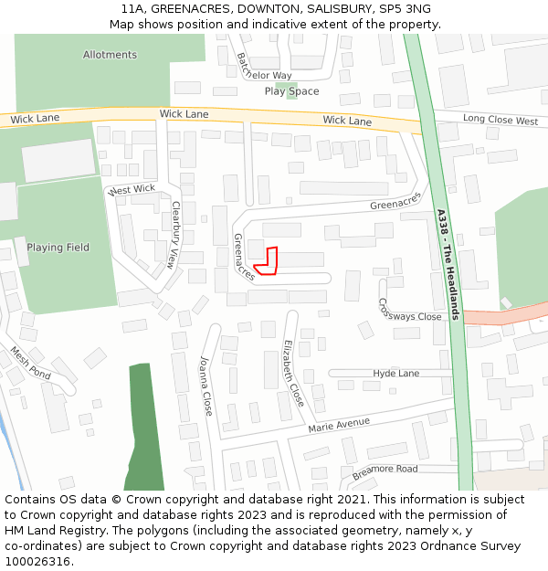 11A, GREENACRES, DOWNTON, SALISBURY, SP5 3NG: Location map and indicative extent of plot