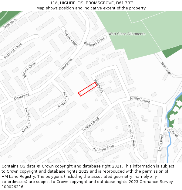 11A, HIGHFIELDS, BROMSGROVE, B61 7BZ: Location map and indicative extent of plot