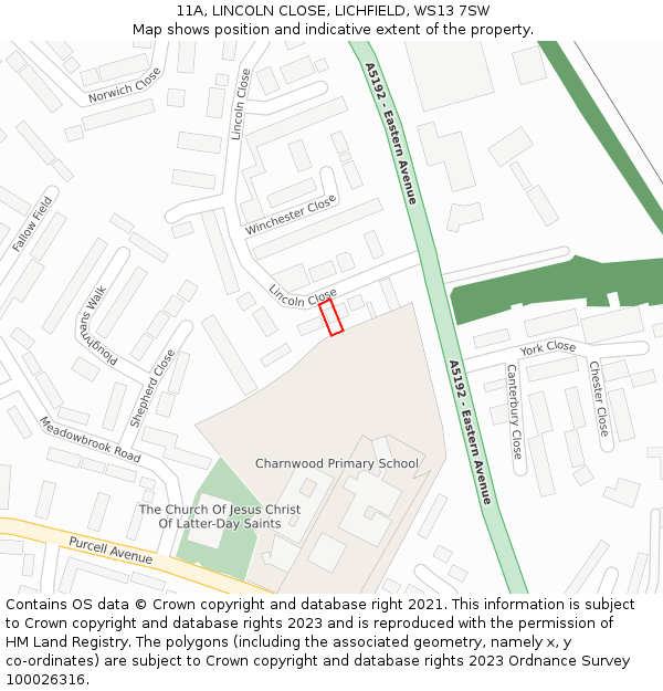 11A, LINCOLN CLOSE, LICHFIELD, WS13 7SW: Location map and indicative extent of plot