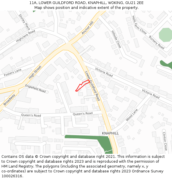 11A, LOWER GUILDFORD ROAD, KNAPHILL, WOKING, GU21 2EE: Location map and indicative extent of plot