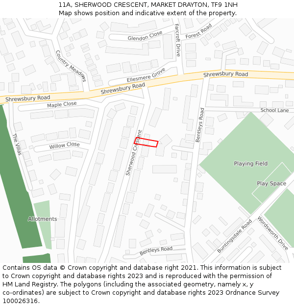 11A, SHERWOOD CRESCENT, MARKET DRAYTON, TF9 1NH: Location map and indicative extent of plot