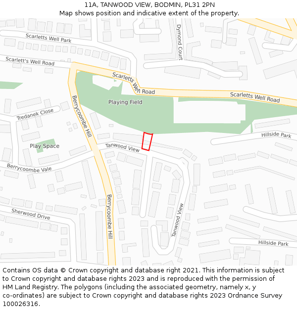 11A, TANWOOD VIEW, BODMIN, PL31 2PN: Location map and indicative extent of plot