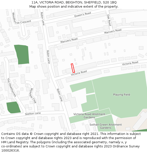 11A, VICTORIA ROAD, BEIGHTON, SHEFFIELD, S20 1BQ: Location map and indicative extent of plot