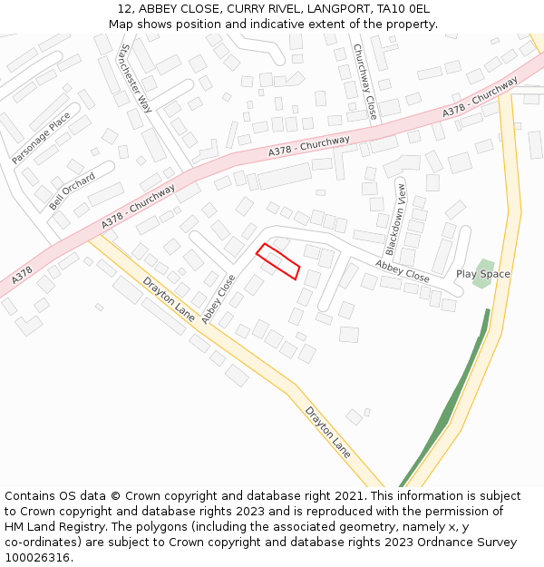 12, ABBEY CLOSE, CURRY RIVEL, LANGPORT, TA10 0EL: Location map and indicative extent of plot