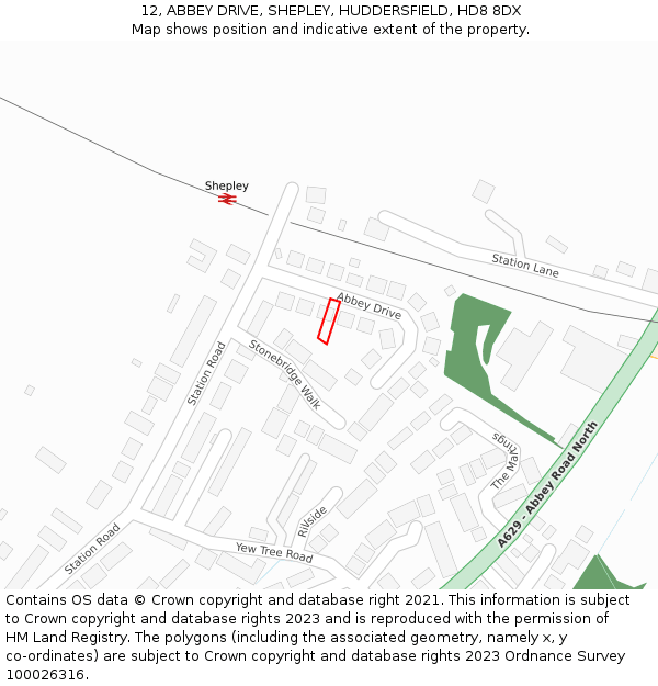 12, ABBEY DRIVE, SHEPLEY, HUDDERSFIELD, HD8 8DX: Location map and indicative extent of plot