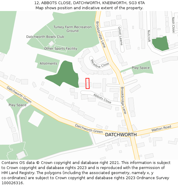 12, ABBOTS CLOSE, DATCHWORTH, KNEBWORTH, SG3 6TA: Location map and indicative extent of plot