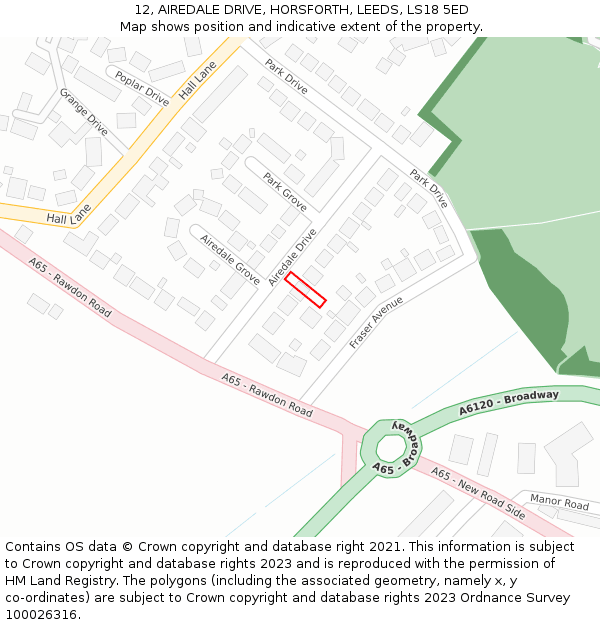 12, AIREDALE DRIVE, HORSFORTH, LEEDS, LS18 5ED: Location map and indicative extent of plot