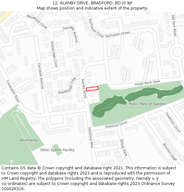 12, ALANBY DRIVE, BRADFORD, BD10 9JF: Location map and indicative extent of plot