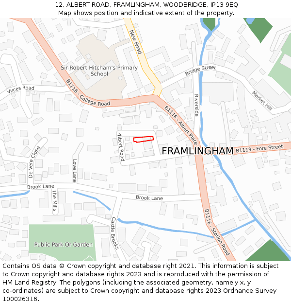 12, ALBERT ROAD, FRAMLINGHAM, WOODBRIDGE, IP13 9EQ: Location map and indicative extent of plot