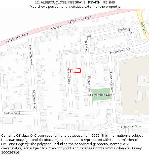 12, ALBERTA CLOSE, KESGRAVE, IPSWICH, IP5 1HS: Location map and indicative extent of plot