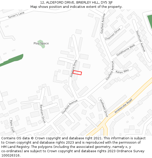12, ALDEFORD DRIVE, BRIERLEY HILL, DY5 3JF: Location map and indicative extent of plot