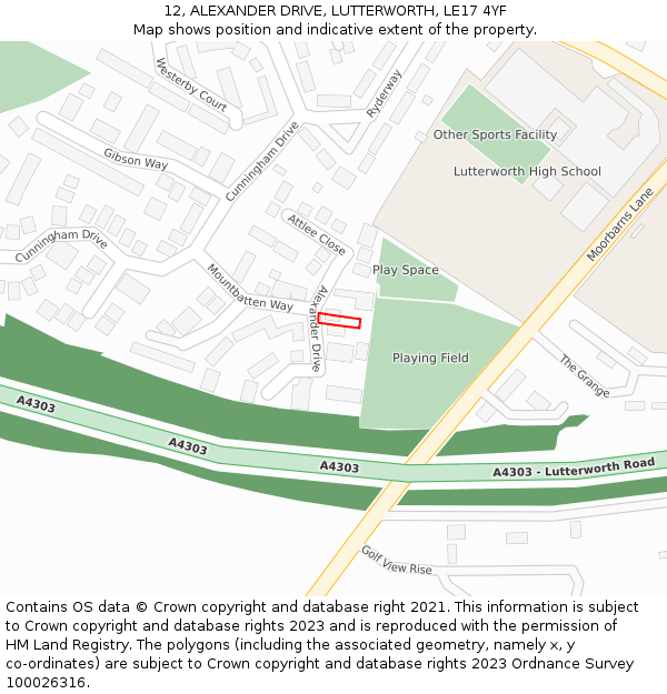 12, ALEXANDER DRIVE, LUTTERWORTH, LE17 4YF: Location map and indicative extent of plot