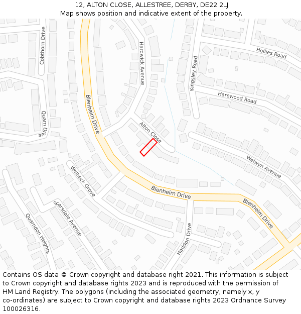 12, ALTON CLOSE, ALLESTREE, DERBY, DE22 2LJ: Location map and indicative extent of plot