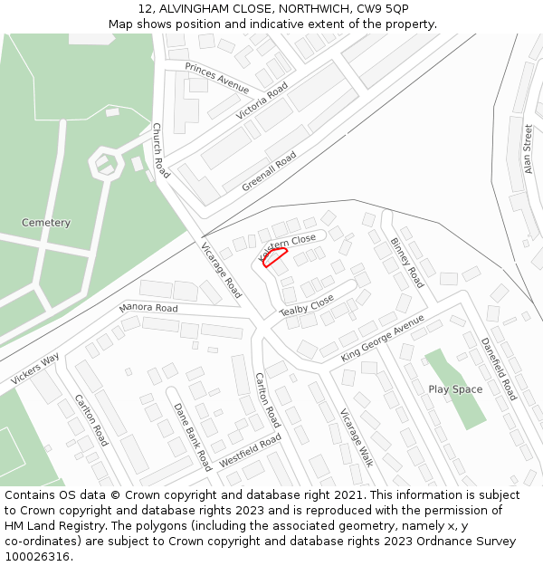 12, ALVINGHAM CLOSE, NORTHWICH, CW9 5QP: Location map and indicative extent of plot