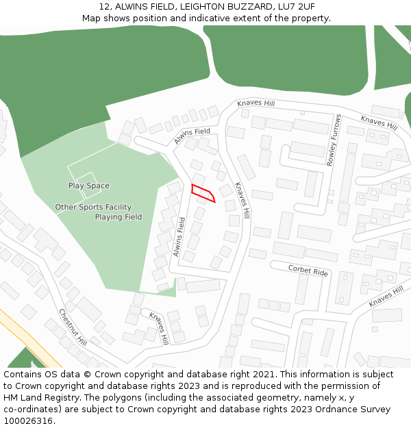 12, ALWINS FIELD, LEIGHTON BUZZARD, LU7 2UF: Location map and indicative extent of plot