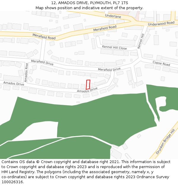 12, AMADOS DRIVE, PLYMOUTH, PL7 1TS: Location map and indicative extent of plot