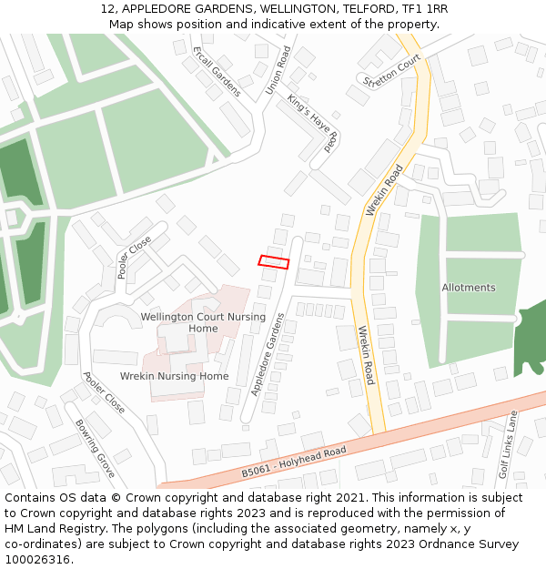 12, APPLEDORE GARDENS, WELLINGTON, TELFORD, TF1 1RR: Location map and indicative extent of plot