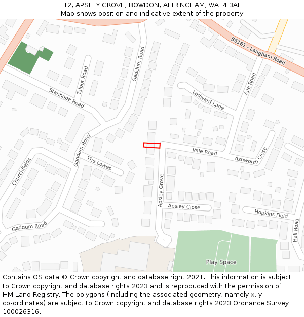 12, APSLEY GROVE, BOWDON, ALTRINCHAM, WA14 3AH: Location map and indicative extent of plot