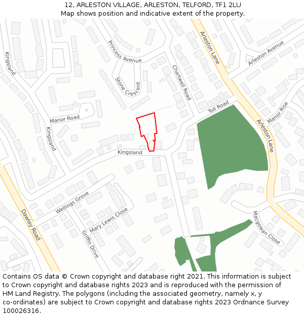 12, ARLESTON VILLAGE, ARLESTON, TELFORD, TF1 2LU: Location map and indicative extent of plot
