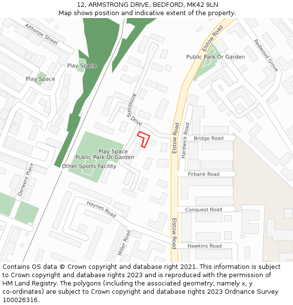 12, ARMSTRONG DRIVE, BEDFORD, MK42 9LN: Location map and indicative extent of plot