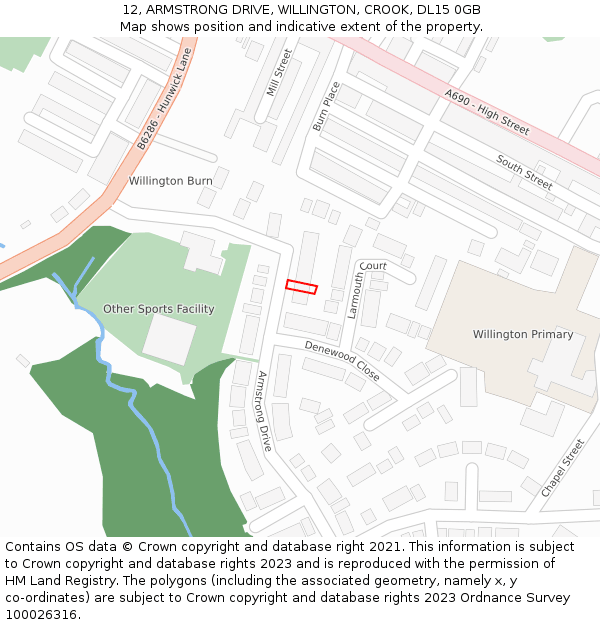 12, ARMSTRONG DRIVE, WILLINGTON, CROOK, DL15 0GB: Location map and indicative extent of plot