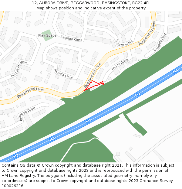 12, AURORA DRIVE, BEGGARWOOD, BASINGSTOKE, RG22 4FH: Location map and indicative extent of plot
