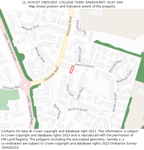 12, AVOCET CRESCENT, COLLEGE TOWN, SANDHURST, GU47 0XN: Location map and indicative extent of plot