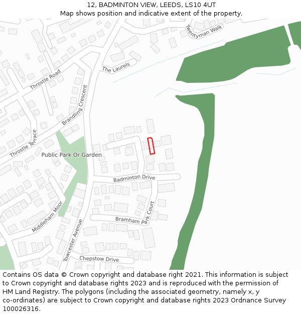 12, BADMINTON VIEW, LEEDS, LS10 4UT: Location map and indicative extent of plot