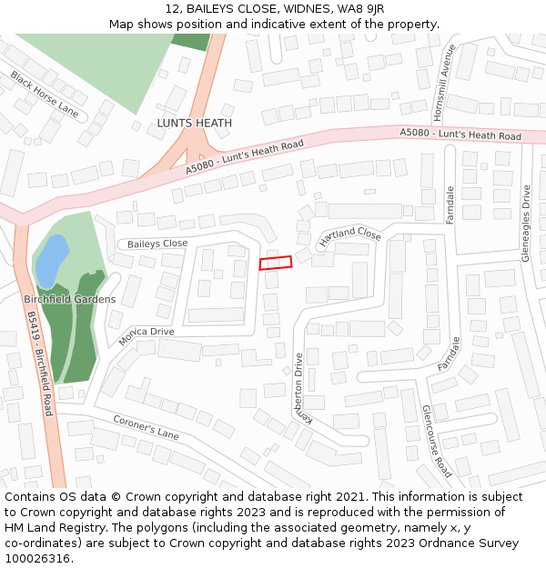 12, BAILEYS CLOSE, WIDNES, WA8 9JR: Location map and indicative extent of plot