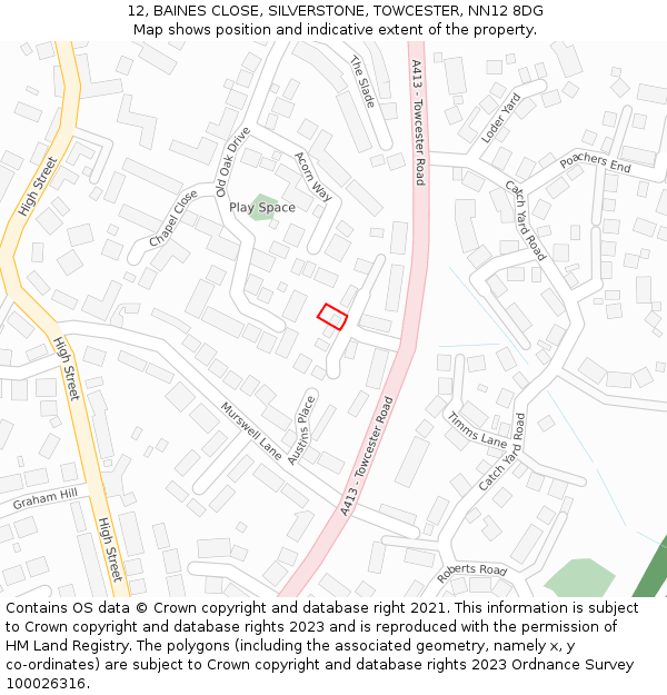 12, BAINES CLOSE, SILVERSTONE, TOWCESTER, NN12 8DG: Location map and indicative extent of plot