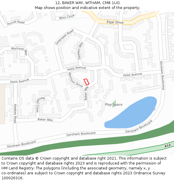 12, BAKER WAY, WITHAM, CM8 1UG: Location map and indicative extent of plot