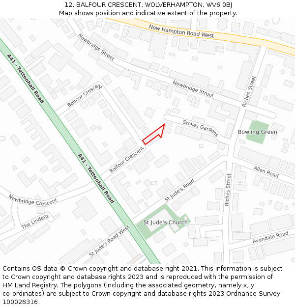 12, BALFOUR CRESCENT, WOLVERHAMPTON, WV6 0BJ: Location map and indicative extent of plot