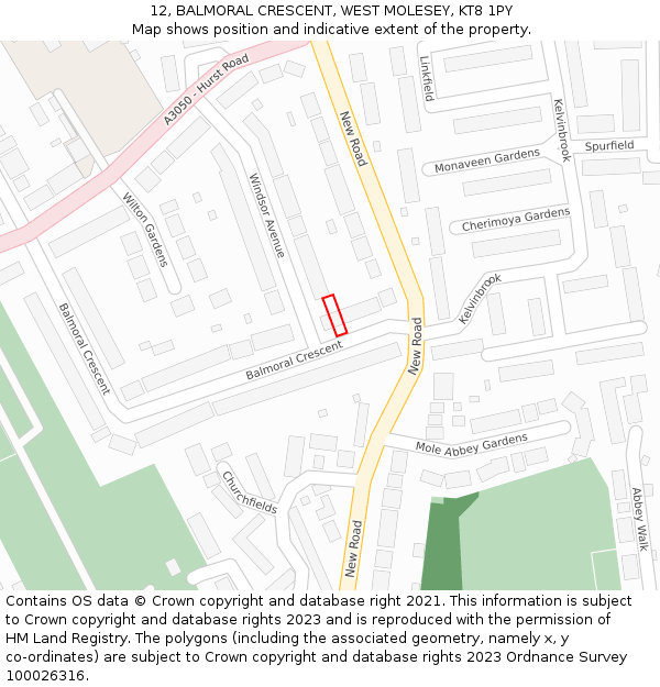 12, BALMORAL CRESCENT, WEST MOLESEY, KT8 1PY: Location map and indicative extent of plot