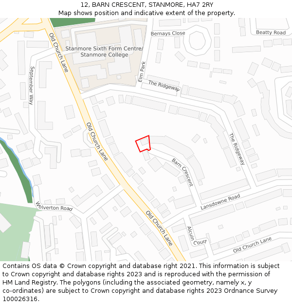 12, BARN CRESCENT, STANMORE, HA7 2RY: Location map and indicative extent of plot