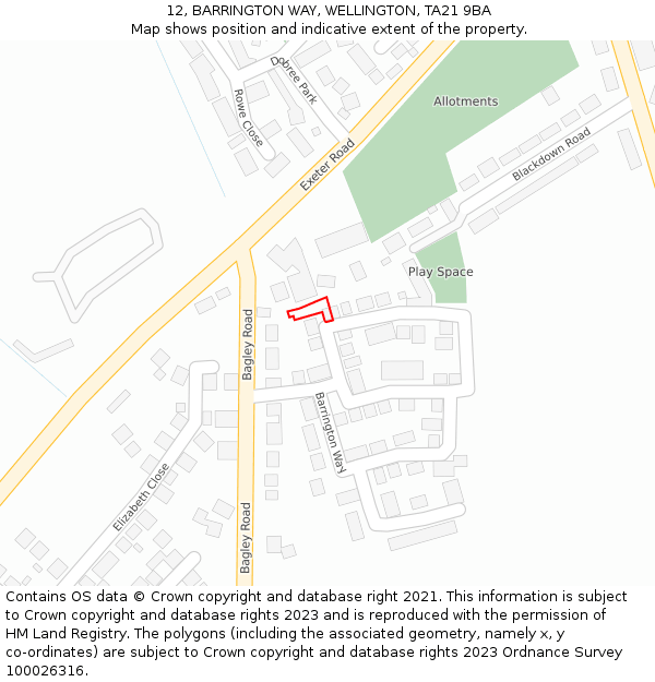 12, BARRINGTON WAY, WELLINGTON, TA21 9BA: Location map and indicative extent of plot