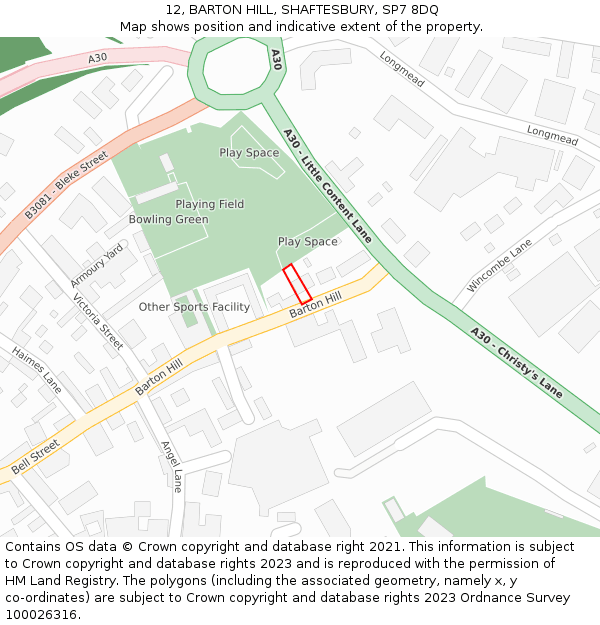 12, BARTON HILL, SHAFTESBURY, SP7 8DQ: Location map and indicative extent of plot