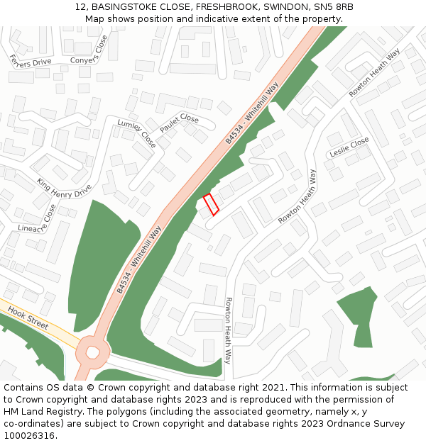 12, BASINGSTOKE CLOSE, FRESHBROOK, SWINDON, SN5 8RB: Location map and indicative extent of plot