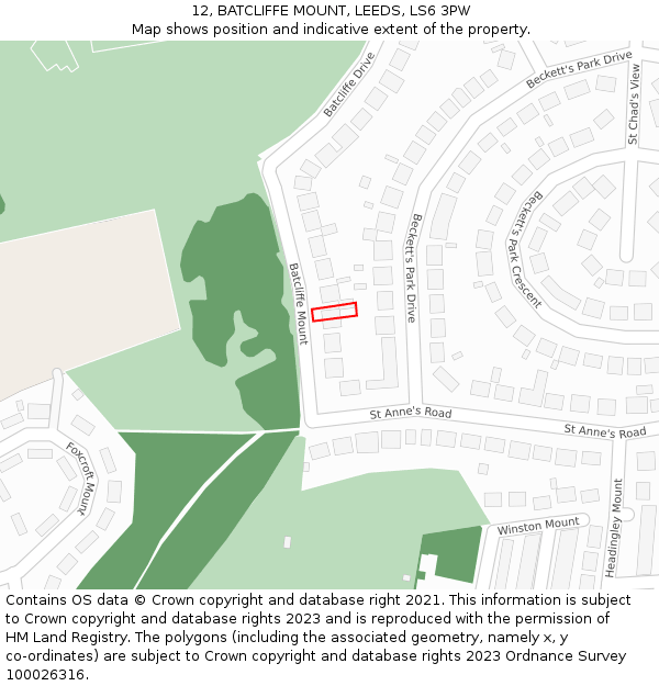 12, BATCLIFFE MOUNT, LEEDS, LS6 3PW: Location map and indicative extent of plot