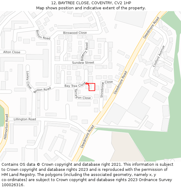 12, BAYTREE CLOSE, COVENTRY, CV2 1HP: Location map and indicative extent of plot